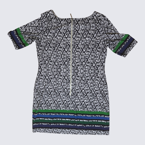 Eliza J Shift Dress Sz 14 Eclectic Print with Striped Trim Gold Zip Short Sleeve - Picture 6 of 16